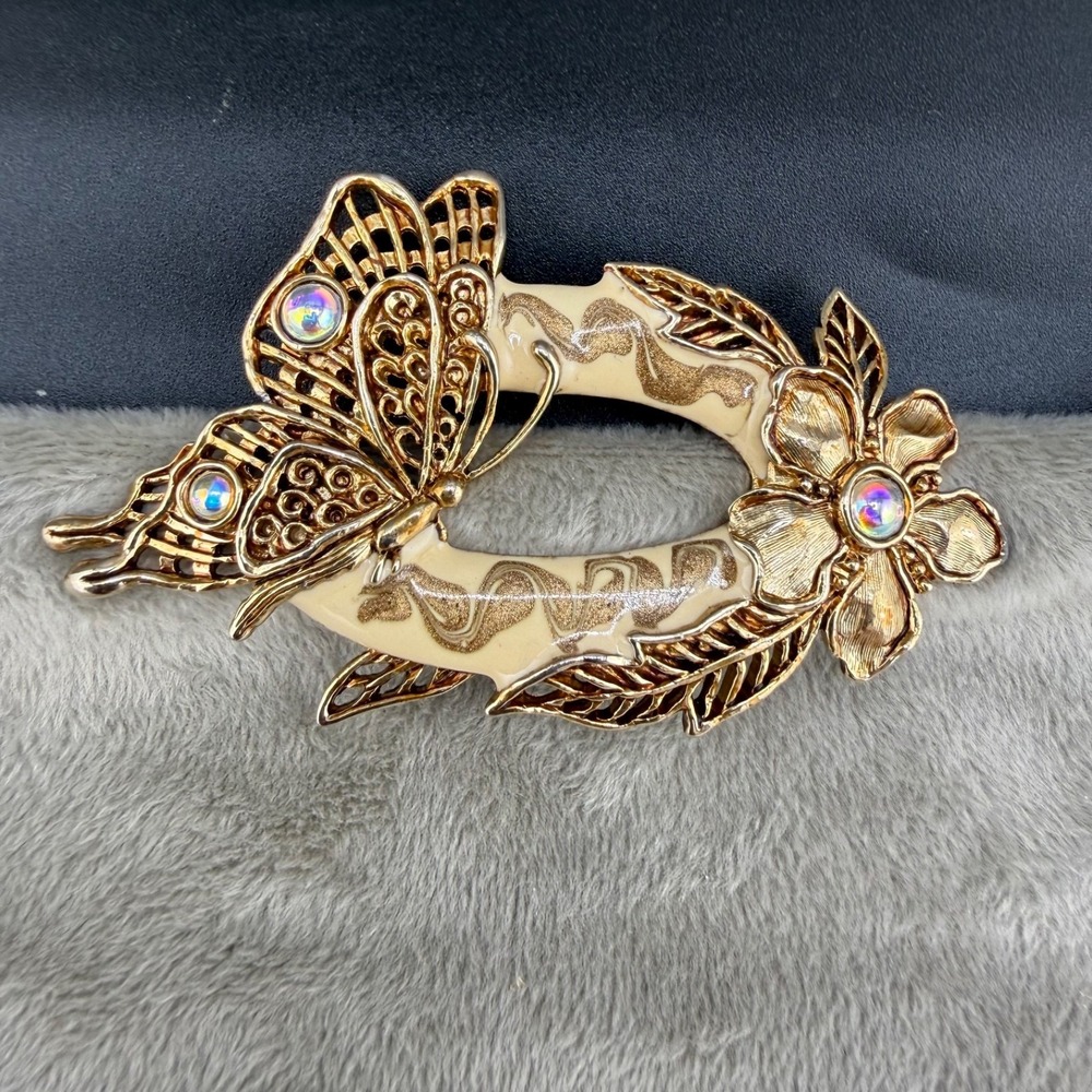 Vintage JJ Butterfly Flower Brooch Gold Tone Enamel Rhinestone Signed